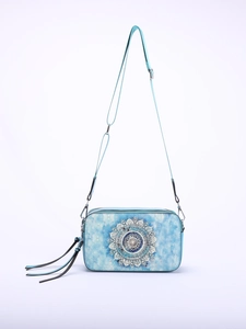 Blue crossbody camera bag featuring mandala print, double zippers, and bicolor tassel