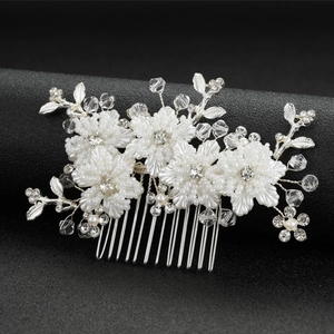 Elegant Bridal Wedding Hair Comb With White Flowers And Artificial Pearls Gold Alloy Rhinestone Side Comb For Women