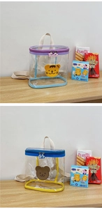 Detail of transparent PVC kids backpacks featuring cute bear and tiger embroidery patches