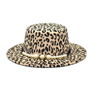 Elegant leopard print wool felt flat top hat for women decorated with pearl ribbon