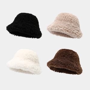 Winter Warm Faux Lamb Wool Bucket Hat Plush Thickened Basin Hat Casual Solid Color Fashion Outdoor Accessory For Women