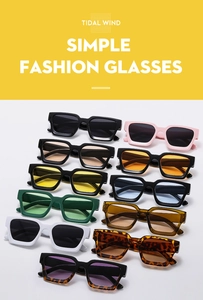 Detailed assortment of square thick-frame sunglasses in various colors and tinted lenses