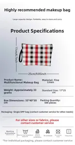 Detail of checkered makeup bag dimensions showing 17x25cm size and flax material