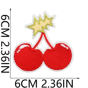 Detailed view of cherry embroidery patch showing precise dimensions of 6cm by 6cm