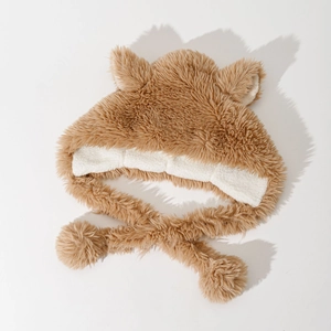 Brown plush bucket hat with cute animal ears and lamb wool lining for winter