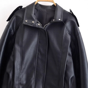 Women's black faux leather biker jacket with litchi texture and drop shoulder design