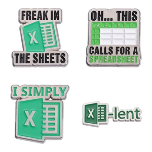 Funny Excel spreadsheet enamel pins set featuring green and white office humor designs
