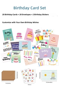 Lot de 20 cartes d'anniversaire pour enfants avec enveloppes kraft et autocollants