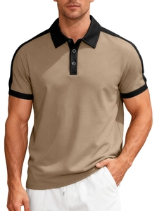 Detail of khaki men polo shirt with black contrast collar and shoulder accents