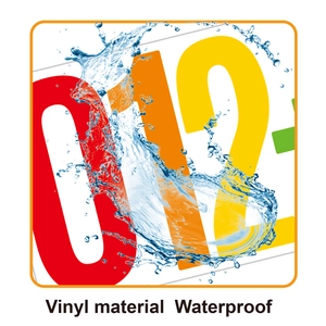 Water-resistant colorful vinyl number stickers showing splashes on 0 1 2 digits