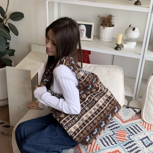 Ethnic style plush tote bag with bohemian patterns and soft faux fur texture for women