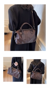 Close-up of dark brown lychee pattern leather texture and metal buckle on handbag