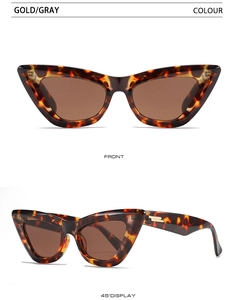 Front and 45-degree angle views of tortoiseshell cat-eye sunglasses with gold metal details