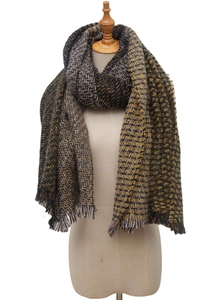 Detailed texture of thick tweed scarf with fringes in brown, black, and yellow tones