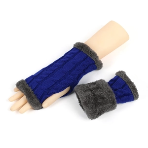 Detail of blue knitted arm warmers featuring soft grey faux fur trim for winter warmth