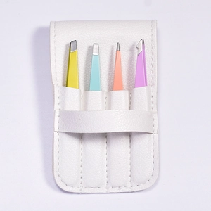 4-piece colorful stainless steel eyebrow tweezers set with a white leather storage pouch