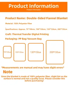 Detailed specifications table for 100% polyester double-sided flannel blankets