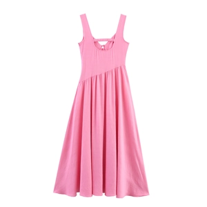 Pink sleeveless maxi dress for women featuring an open back design and pleated waistline