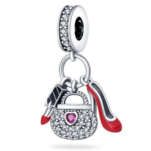 Detail of silver makeup charms with pink handbag, red lipstick and high heel for bracelets