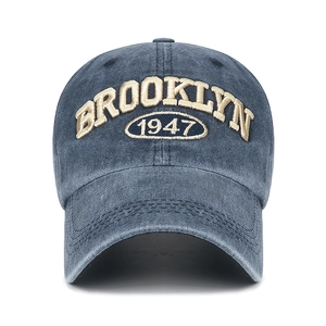 Vintage washed cotton baseball cap in denim blue with 3D Brooklyn 1947 embroidery
