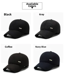Detail view of winter wool baseball caps in black, grey, brown, and navy blue options