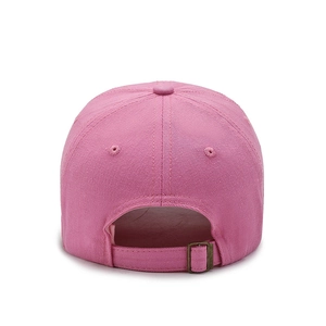 Pink cotton R-letter baseball cap with adjustable metal buckle back view on white background