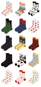 Detailed grid display of 15 various patterned cotton mid-calf socks with creative graphics