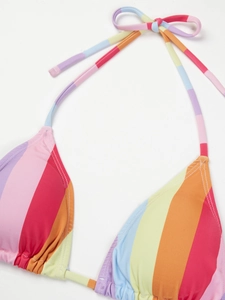 Detail of colorful striped triangle bikini top with halter neck tie and precise stitching
