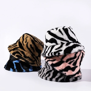 Faux Fur Bucket Hat Zebra Tiger Animal Print Warm Winter Plush Basin Cap For Women Men Streetwear Fashion Vintage