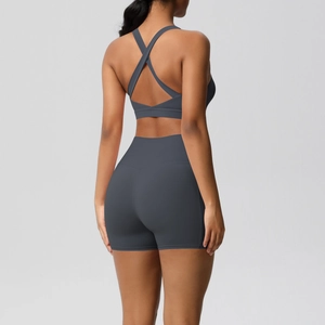 Back view of dark grey double-sided brushed sports bra and high-waist shorts set