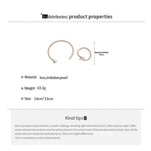 Detail of rose gold metal choker and bracelet set with round pearls and dimensions