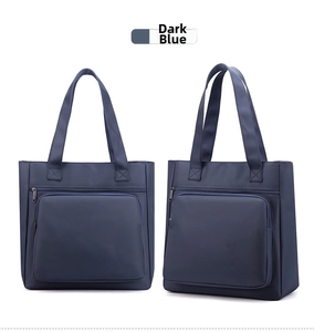 Detailed front view of waterproof dark blue nylon tote bag with large front zipper pocket