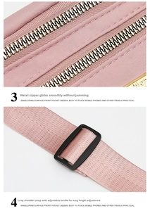 Detail of a pink fanny pack showing a smooth metal zipper and adjustable shoulder strap