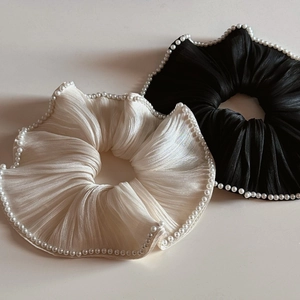 French Elegant Pleated Satin Scrunchies With Artificial Pearl Edges Large Elastic Hair Ties For Women Vintage Hair Accessories