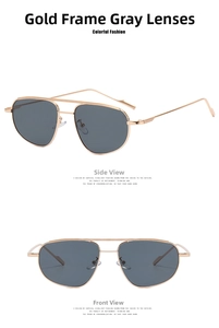 Detail view of gold metal pilot sunglasses with gray lenses and a double bridge design