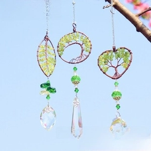 Three-piece Tree of Life crystal suncatchers with green stones and K9 prisms for windows
