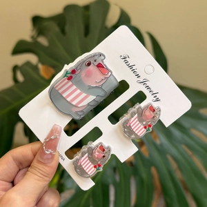 Cute 3-piece hippo hair clip set with acrylic flowers and cherry designs for girls