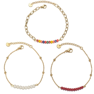 Three-piece gold plated stainless steel bracelet set with colorful beads and pearls