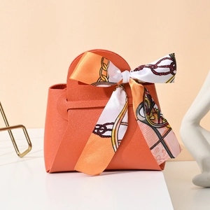 Orange leather wedding favor box with silk scarf handle for luxury party gifts