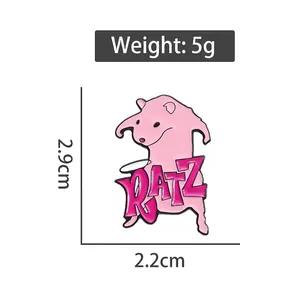 Pink cartoon rat enamel pin with Ratz lettering, 2.9cm x 2.2cm fun animal badge for clothes