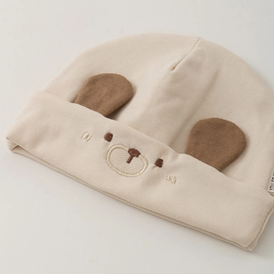 Bonnet bébé nouveau-né en coton côtelé avec oreilles 3D et broderie visage d'ours brun