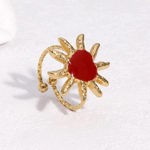 18k gold plated stainless steel sun ring with red enamel inlay and textured band