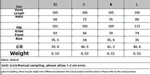 Detailed size chart for women's cargo pants showing waist and hip measurements in cm