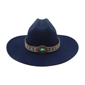 Detail of navy blue wool cowboy hat featuring an ethnic woven band with a turquoise stone