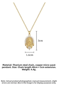 Detailed macro of a gold titanium steel necklace with a micro-inlaid Virgin Mary pendant