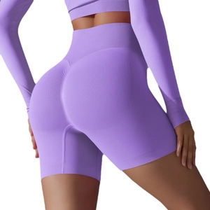 Seamless purple high waist yoga set with scrunch bum shorts and long sleeve crop top