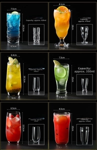 Size chart showing height and capacity for various tall glass cocktail and juice cups