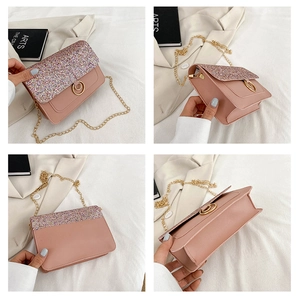 Detailed four-angle macro views of pink sequin crossbody bag with gold chain strap