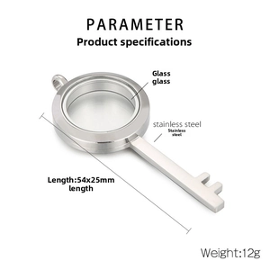 Detailed dimensions of a stainless steel key-shaped locket pendant with glass cover