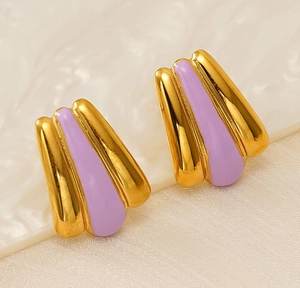 Detailed macro view of 18k gold plated fan-shaped earrings with lavender enamel finish